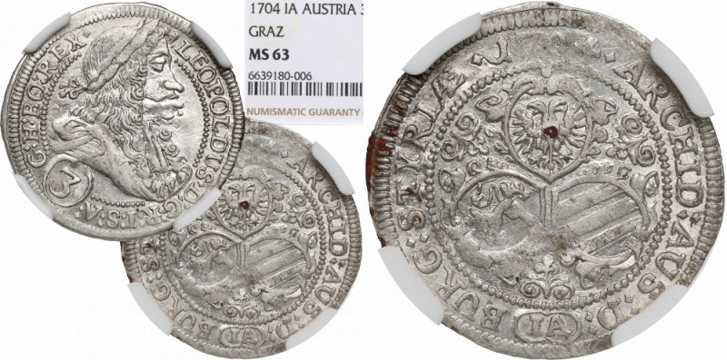 Austria, 3 kreuzer 1704, Graz - NGC MS63 Piękny, menniczy egzemplarz. Moneta doc...