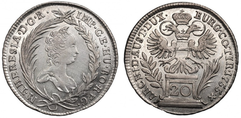 Austria, 20 kreuzer 1755, Vienna Atrakcyjna moneta w przyjemnej patynie i miłej ...