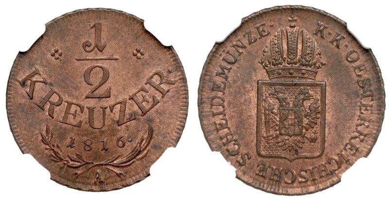 Austria, Franz I, 1/2 kreuzer 1816 - NGC MS64 RB Piękny wyselekcjonowany mennicz...