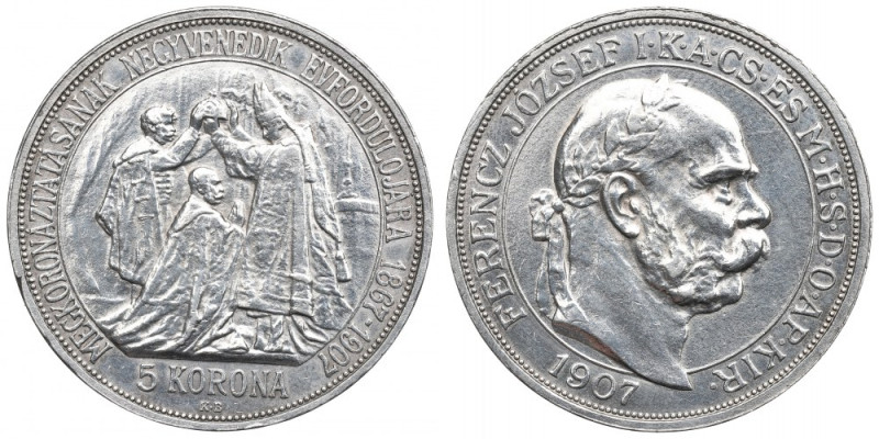 Austria, Franz Joseph, 5 corona 1907 Piękny, okołomenniczy przykład pięciokoronó...