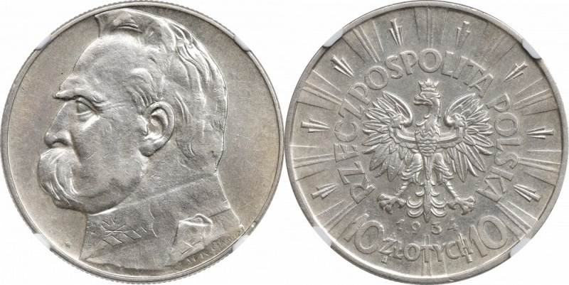 II Republic of Poland, 10 zloty 1934 Pilsudski - NGC AU55 Bardzo ładny, okołomen...