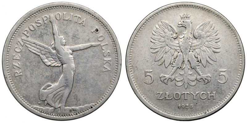 II Republic of Poland, 5 zloty 1928, Warsaw Nike Odmiana ze znakiem blisko. Obie...