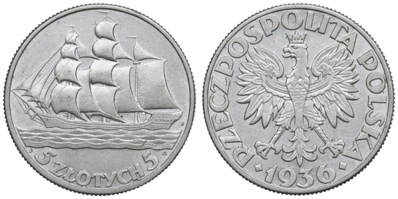 II Republic of Poland, 5 zloty 1936 Ship Ładnie zachowany egzemplarz. Nominał wp...