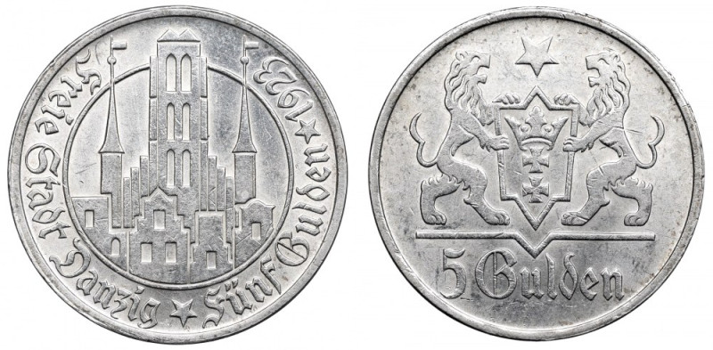 Free City of Danzig, 5 gulden 1923 Piękny menniczy egzemplarz lubianej 'piątki' ...