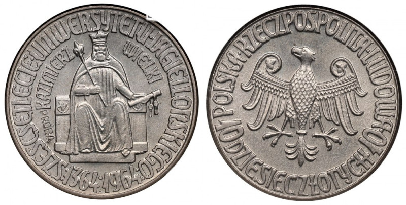 PRL, 10 złotych 1964 Kazimierz III Wielki - napis wklęsły Próba CuNi Piękny, men...