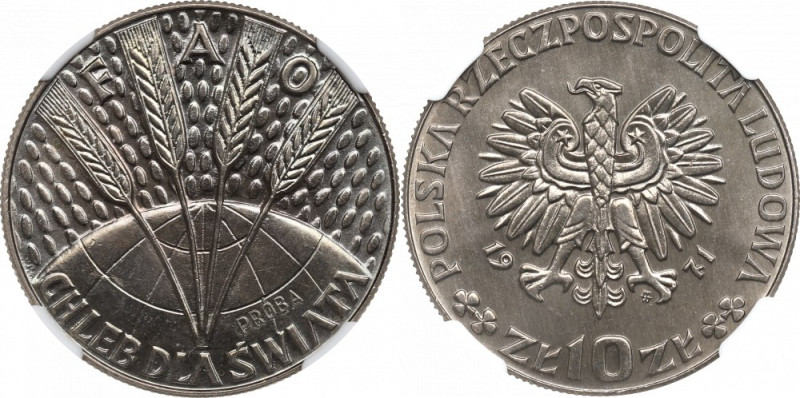 PRL, 10 złotych 1971 FAO - Próba CuNi NGC MS67 Pięknie zachowany egzemplarz. 
G...