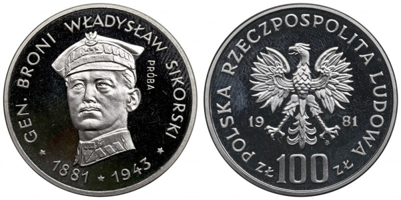 PRL, 100 złotych 1981 - Sikorski Próba Nikiel Menniczy egzemplarz. Patyna, odcis...