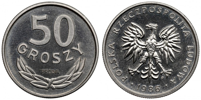 PRL, 50 groszy 1986 - Próba Nikiel Piękny, menniczy egzemplarz próby niklowej. N...