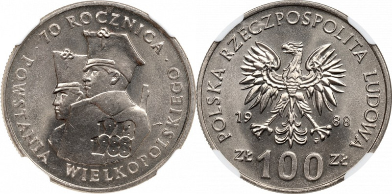 PRL, 100 złotych 1988 Powstanie Wielkopolskie - NGC MS66 Menniczy egzemplarz. Mo...