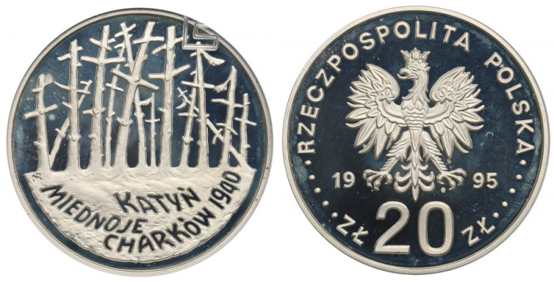 III RP, 20 złotych 1995 Katyń Menniczy egzemplarz. Naloty, patyna. Moneta w grad...