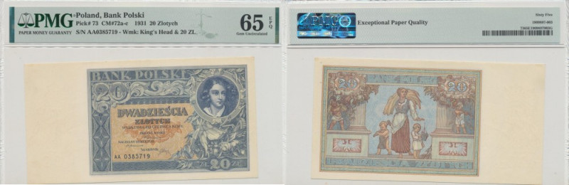 II RP, 20 złotych 1931 AA - PMG 65 EPQ Egzemplarz w emisyjnym stanie zachowania,...