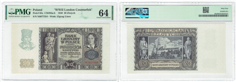 GG, 20 złotych 1940 - rzadsza seria N - WWII London Counterfeit - PMG 64 Wyśmien...