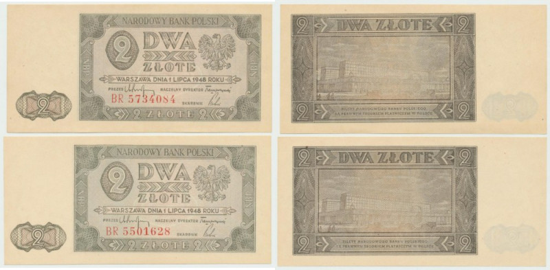 PRL, 2 złote 1948 BR - zestaw 2 egzemplarze Wyśmienicie zachowane banknoty o ide...