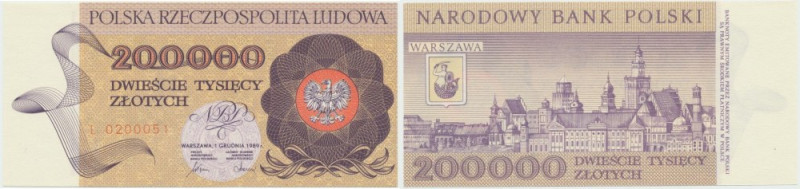 PRL, 200.000 złotych 1989 L Egzemplarz w niemal emisyjnym stanie zachowania, o d...