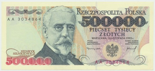 500.000 złotych 1993 AA - rzadki Banknot w bardzo dobrej kondycji, o prezencji w...