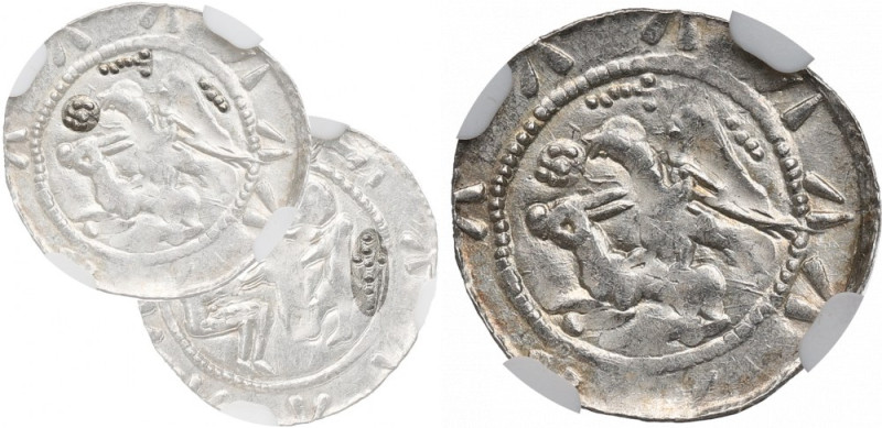 Vladislaus II, Denarius, Cracow - NGC MS62 Charakterystyczny denar przedstawiają...