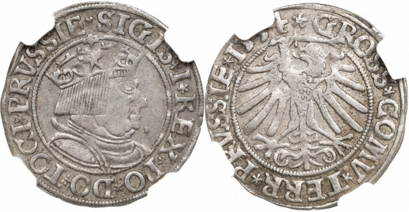 Sigismund I the Old, Groschen for Prussia 1535, Thorn - PCGS AU58 Odmiana z popi...