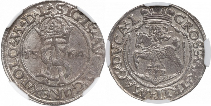 Sigismund II Augustus, 3 groschen 1564, Vilnius - L/L NGC MS62 Piękny egzemplarz...