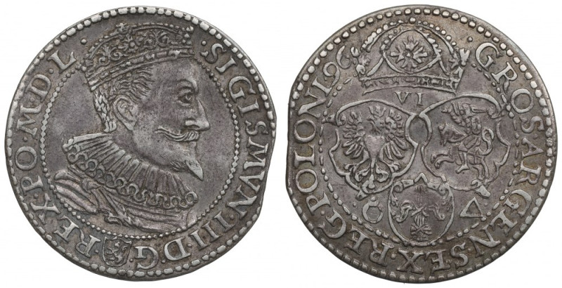 Sigismund III, 6 groschen 1596, Marienburg Ładny egzemplarz z pierwszego rocznik...