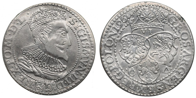 Sigismund III, 6 groschen 1596, Marienburg Ładny egzemplarz z pierwszego rocznik...