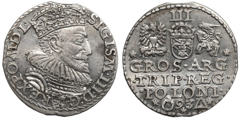 Sigismund III, 3 groschen 1593, Marienburg Bardzo ładny egzemplarz. Odmiana z po...