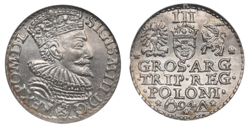 Sigismund III, 3 groschen 1594, Marienburg - NGC MS62 Piękny, menniczy egzemplar...