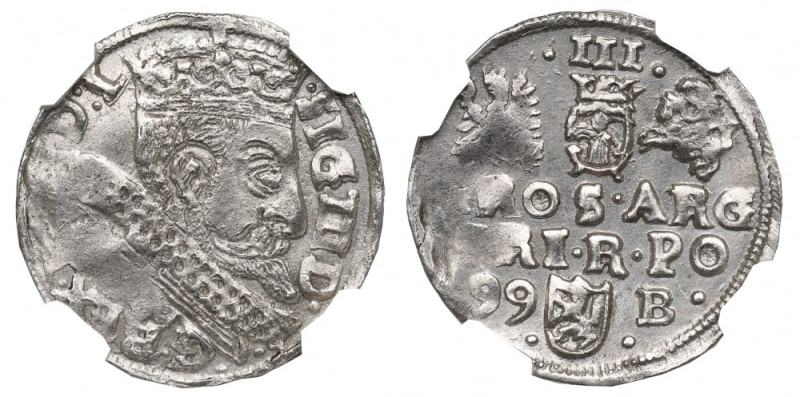 Sigismund III, 3 groschen 1599, Bromberg - NGC MS62 Piękny, menniczy egzemplarz....
