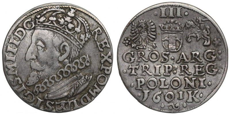 Sigismund III, 3 groschen 1601, Cracow Ładnie zachowany egzemplarz. Lubiana i ce...