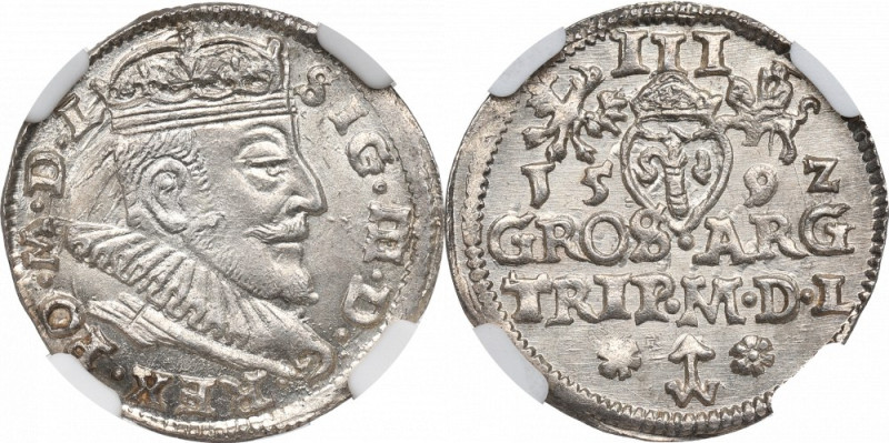 Sigismund III, 3 groschen 1592, Vilnius - NGC MS63 Odmiana z herbem Chalecki pom...