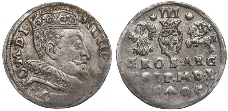 Sigismund III, 3 groschen 1595, Vilnius Ładny egzemplarz. Odmiana z herbem Chale...