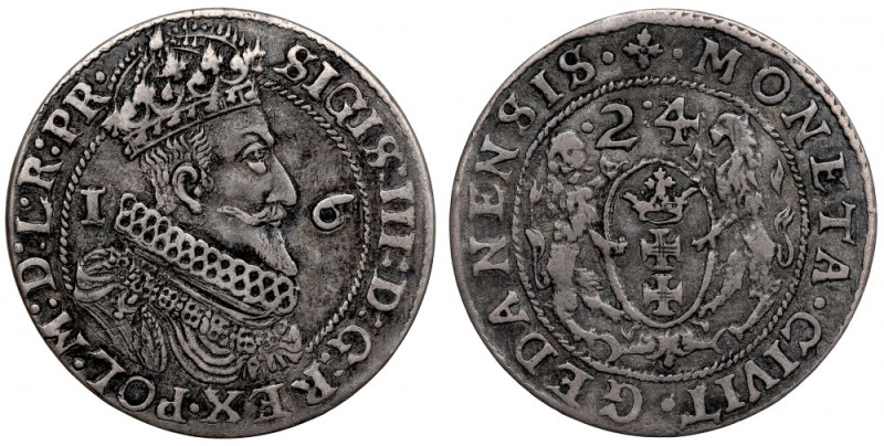 Sigismund III, 18 groschen 1623/4, Danzig Ładny, obiegowy egzemplarz. Awers: her...