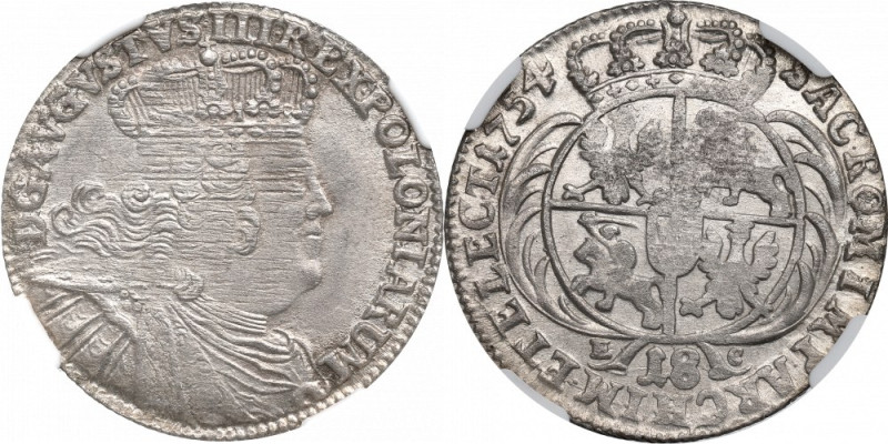 Germany, Saxony, Friedrich August II, 18 groschen 1754 - efraim NGC MS63 Piękny,...