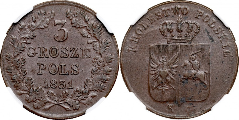 November Uprising, 3 groschen 1831 - NGC MS61 BN Odmiana&nbsp;z orłem z prostymi...