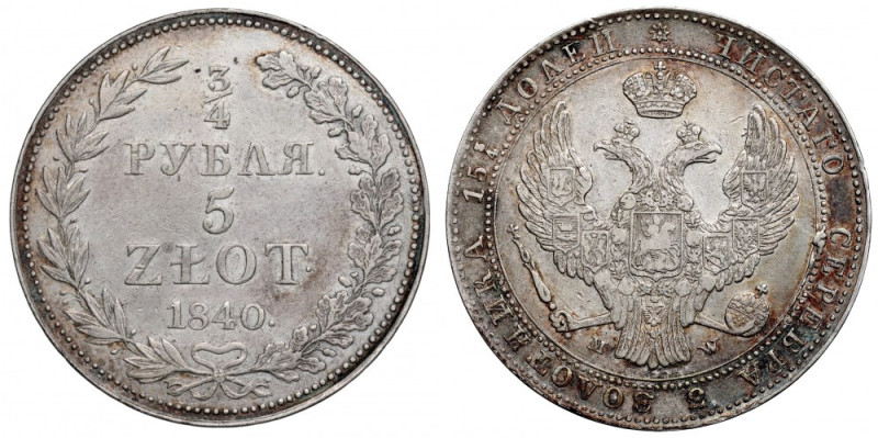 Poland under Russia, Nicholas I, 3/4 rouble=5 zloty 1840 MW Ładny egzemplarz z d...