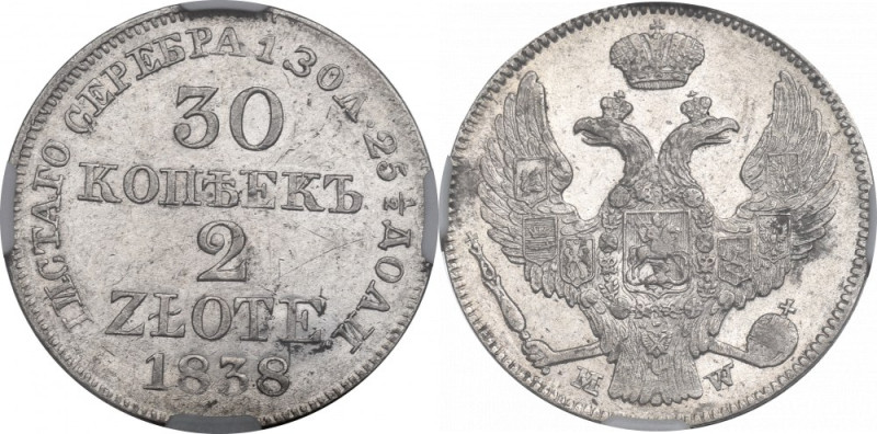 Nicholas I, 30 kopecks=2 zloty 1838 MW - NGC AU Details Piękny, okołomenniczy eg...