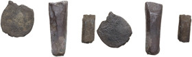 Celtic World. Lot of three (3) AE proto-money in the shape of rectangular ingots and a roundel. Dimensions: 12 mm, 18 mm, 9 mm. Weight: 4.79g total. A...