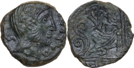 Celtic World. Northwest Gaul, Carnutes. AE 15 mm, Pixtilos, 50-30 BC. Obv. Bearded male head right. Rev. Female deity seated left, holding aphlastron;...