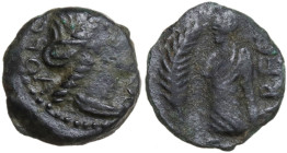 Celtic World. Southern Gaul, Volcae Arecomici. AE 14 mm, 1st century BC. Obv. Head of Artemis right; behind, VOLC[AE]; before, wreath. Rev. Personific...