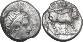 Greek Italy. Central and Southern Campania, Neapolis. AR Didrachm, 300-275 BC. Obv. Head of nymph right, wearing broad headband; X behind. Rev. Man-he...