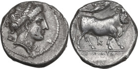 Greek Italy. Central and Southern Campania, Neapolis. AR Didrachm, 300-275 BC. Obv. Head of nymph right; behind, astragal; below chin, monogram. Rev. ...