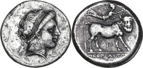 Greek Italy. Central and Southern Campania, Neapolis. AR Didrachm, c. 300-280 BC. Obv. Head of female left; behind, female figure with torch; before, ...