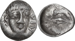 Greek Italy. Central and Southern Campania, Phistelia. AR Obol, c. 325-275 BC. Obv. Male head facing slightly to right; ΦΙΣΤΕ-ΛΙΑ around. Rev. Dolphin...