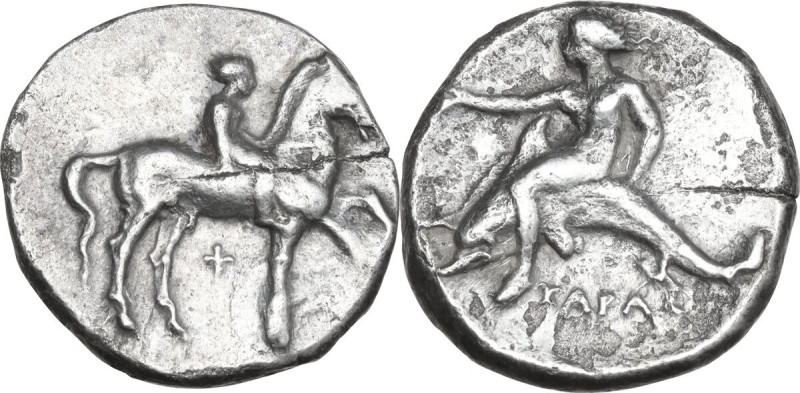 Greek Italy. Southern Apulia, Tarentum. AR Nomos, 380-340 BC. Obv. Horseman righ...