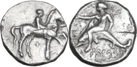 Greek Italy. Southern Apulia, Tarentum. AR Nomos, 380-340 BC. Obv. Horseman right, resting right hand on horse. Rev. Phalanthos riding on dolphin left...