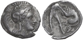 Greek Italy. Southern Apulia, Tarentum. AR Diobol, 380-325 BC. Obv. Head of Athena right, wearing helmet decorated with hippocampus. Rev. Herakles sta...
