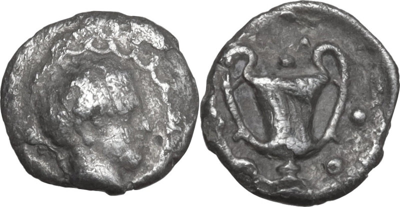 Greek Italy. Southern Apulia, Tarentum. AR Hemiobol, 380-325 BC. Obv. Female hea...