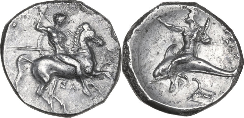 Greek Italy. Southern Apulia, Tarentum. AR Nomos, 332-302 BC. Obv. Horseman righ...