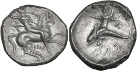 Greek Italy. Southern Apulia, Tarentum. AR Nomos, 332-302 BC. Obv. Horseman right, holding shield and spears, spearing downward. Rev. Phalanthos ridin...