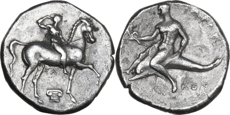 Greek Italy. Southern Apulia, Tarentum. AR Nomos, c. 302 BC. Obv. Nude youth, cr...