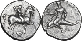 Greek Italy. Southern Apulia, Tarentum. AR Nomos, c. 302 BC. Obv. Nude youth, crowning himself with wreath held in right hand, left hand holding rein,...